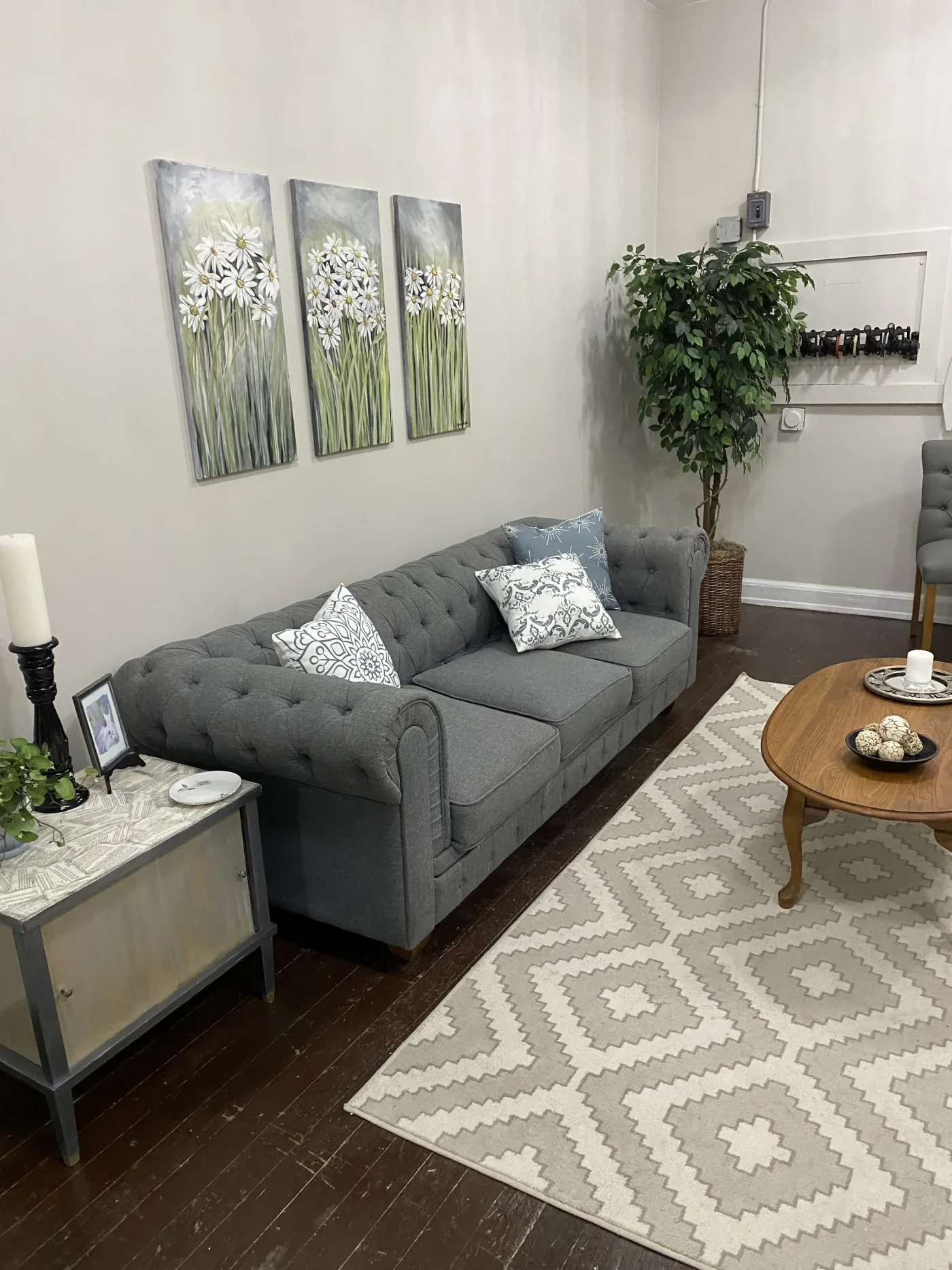 A sofa and armchair in the main dressing room