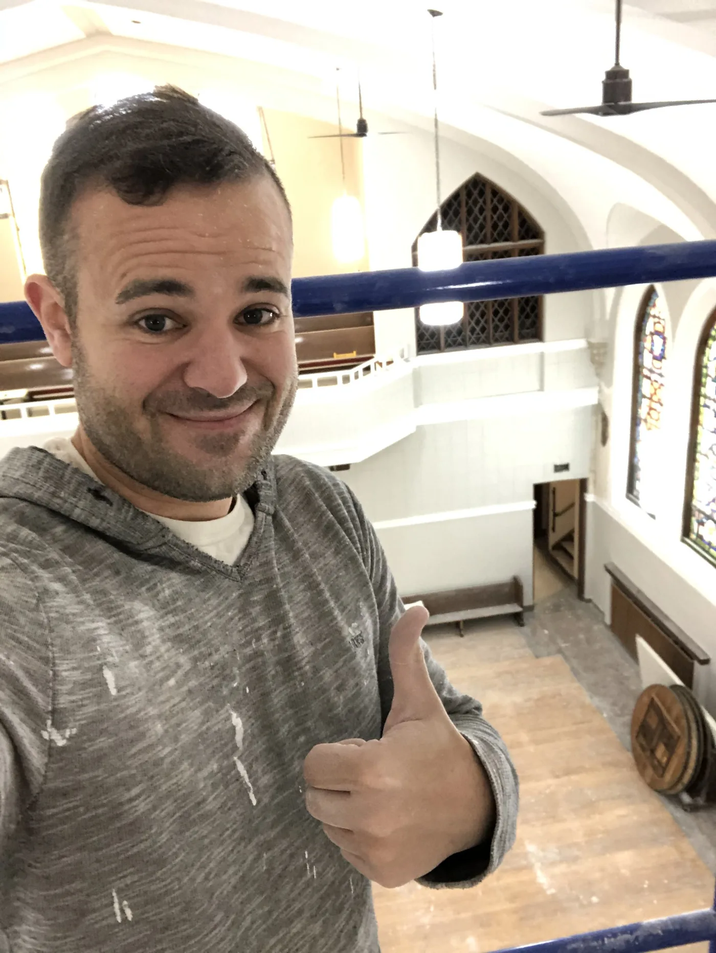 A dust-covered renovation selfie inside Dresden Castle